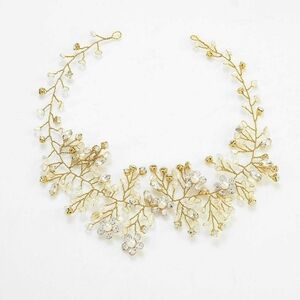 Bride Wedding Headband Gold Crystal Pearl Hair Vine Braid Headpiece Bridal Hair